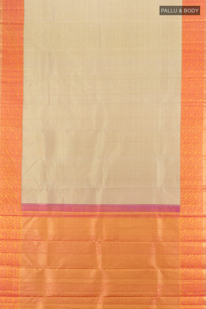 Flat view of Pure Silk Pure Zari Golden Kanchipuram Saree with Zari Butta on the body and Silk Border. 