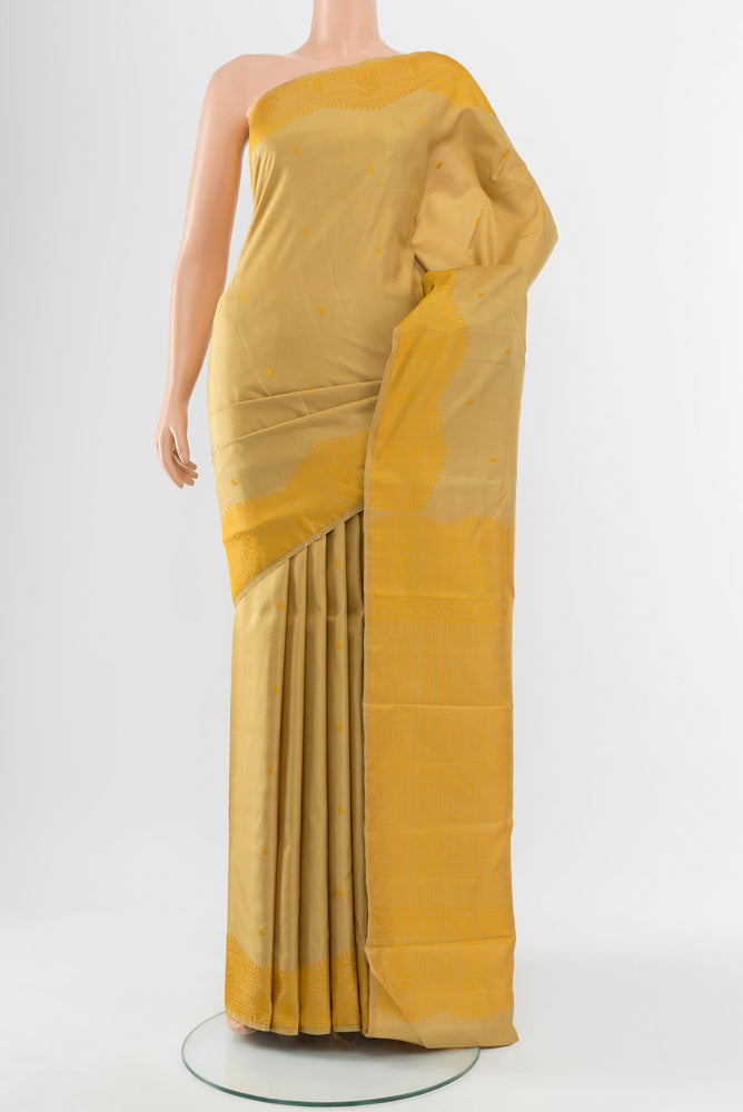 Beige Kanchipuram Silk Saree with Jacquard With Thread Butta on the body and Silk Border.  displayed on a mannequin