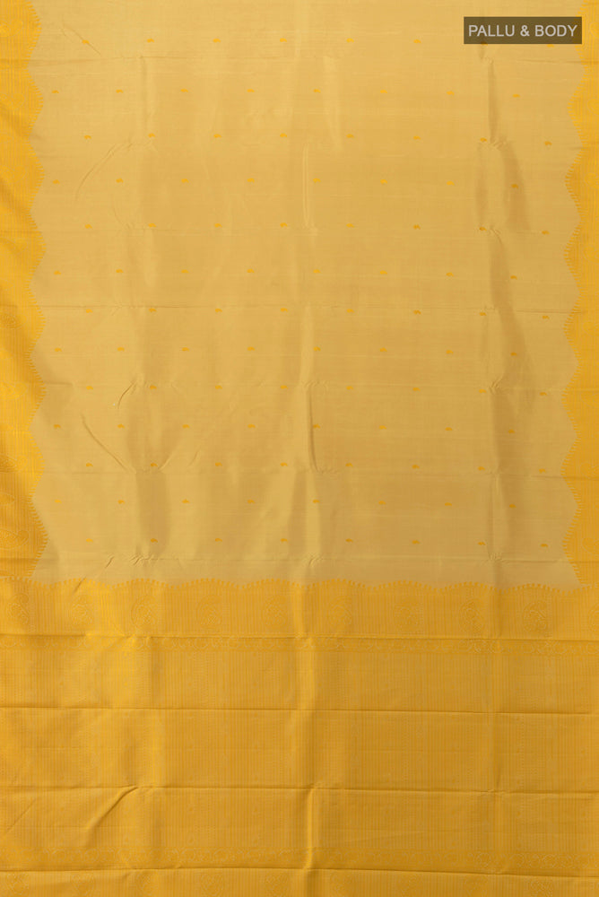 Flat view of Beige Kanchipuram Silk Saree with Jacquard With Thread Butta on the body and Silk Border. 