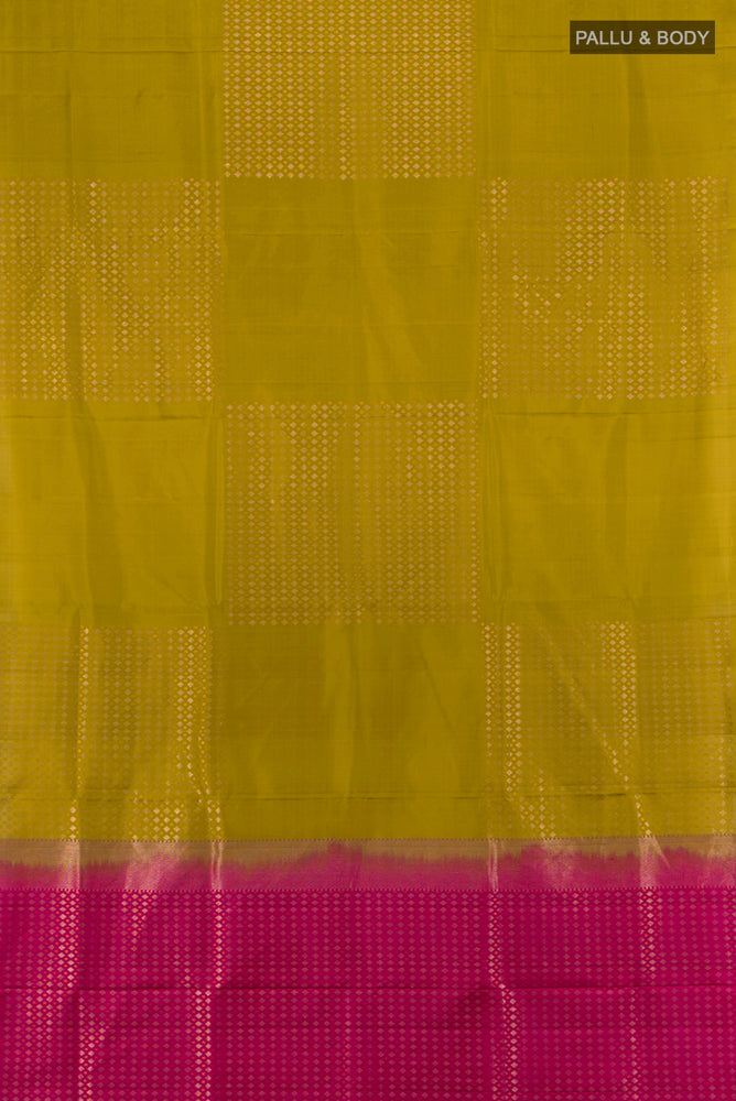 Flat view of Mehandi Green Soft Silk Saree with Zari Butta on the body and Silk Border. 