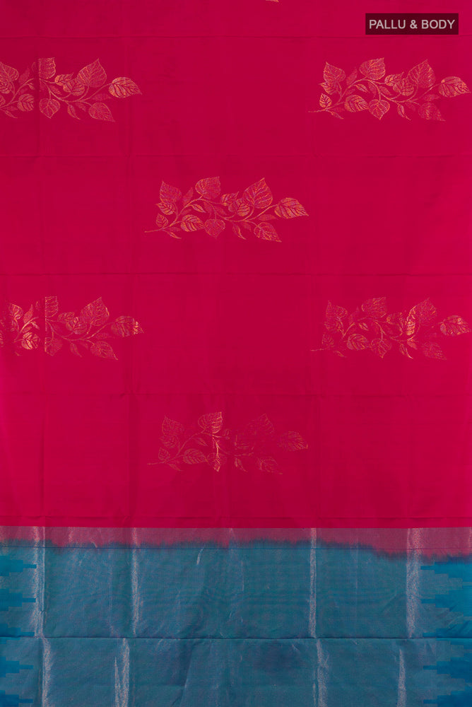 Flat view of Dark Pink Soft Silk Saree with Zari Butta on the body and Silk Border. 