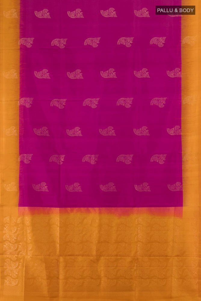 Flat view of Purple Soft Silk Saree with Zari Butta on the body and Zari Border. 