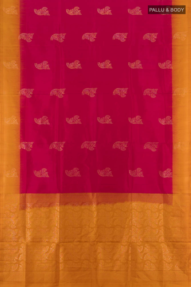 Flat view of Dark Pink Soft Silk Saree with Zari Butta on the body and Silk Border. 