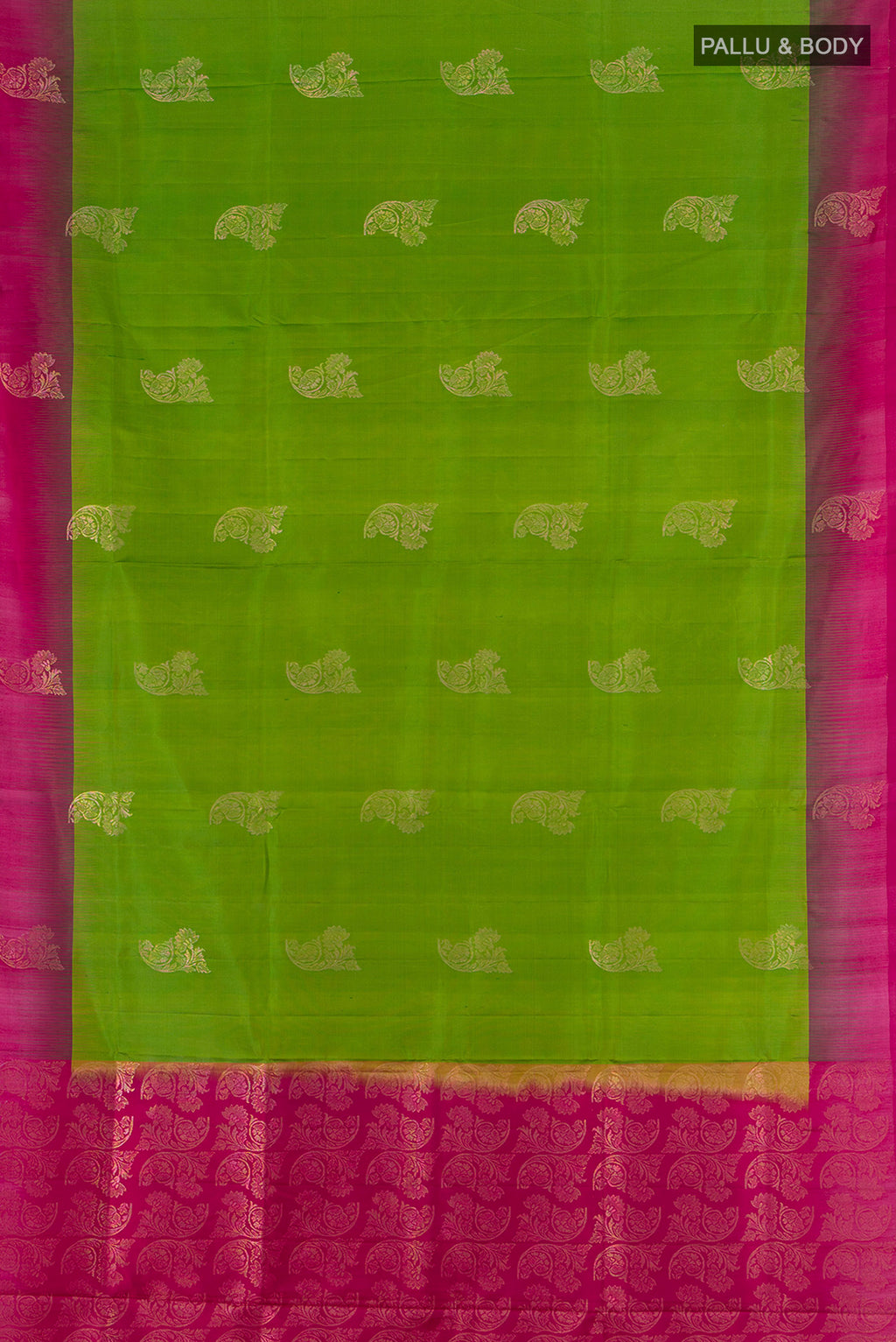Flat view of Pure Silk Pure Zari Parrot Green Soft Saree with Zari Butta on the body and Silk Border. 