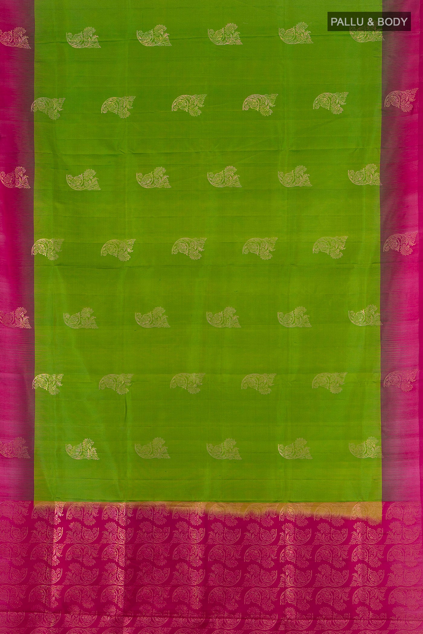 Flat view of Pure Silk Pure Zari Parrot Green Soft Saree with Zari Butta on the body and Silk Border. 