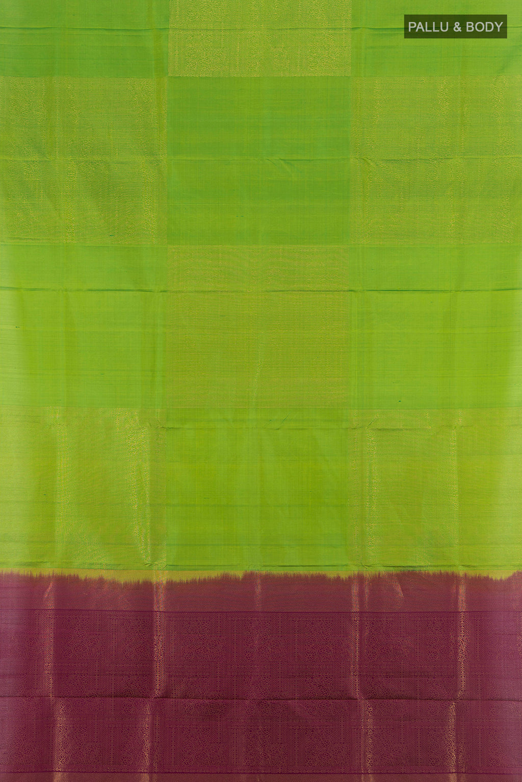 Flat view of Parrot Green Soft Silk Saree with Zari Butta on the body and Without Border. 