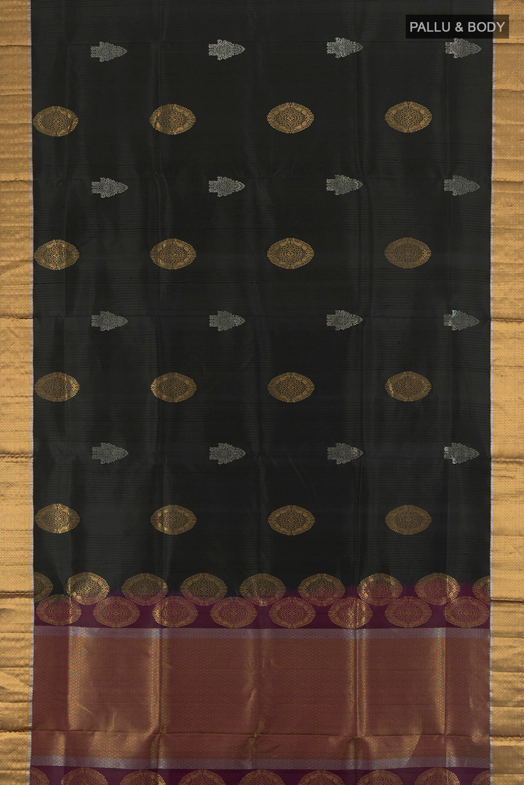 Flat view of Black Soft Silk Saree with Zari Butta on the body and Zari Border. 