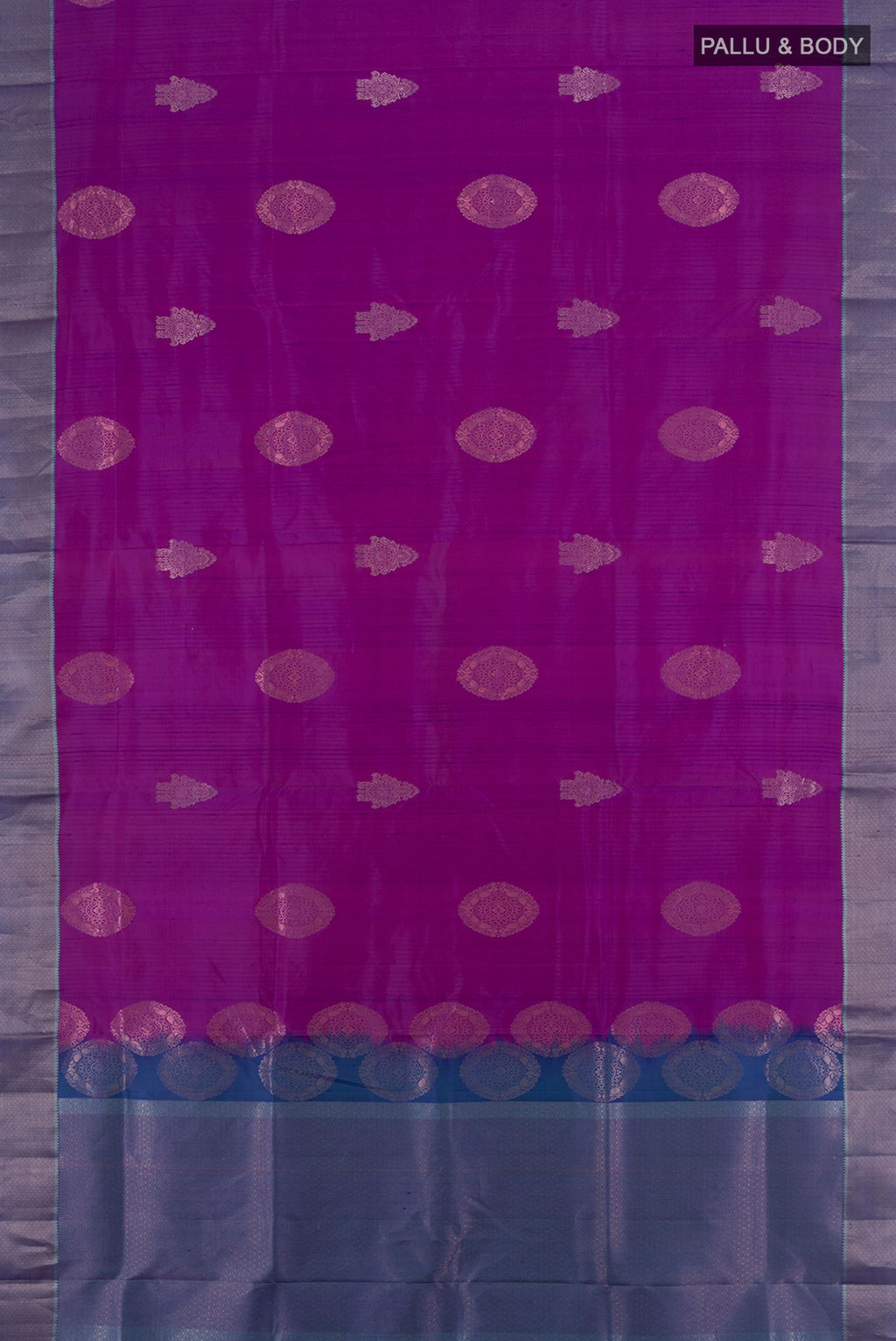 Flat view of Violet Soft Silk Saree with Zari Butta on the body and Zari Border. 