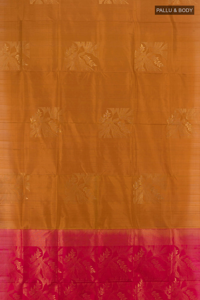 Flat view of Brown Soft Silk Saree with Zari Butta on the body and Silk Border. 