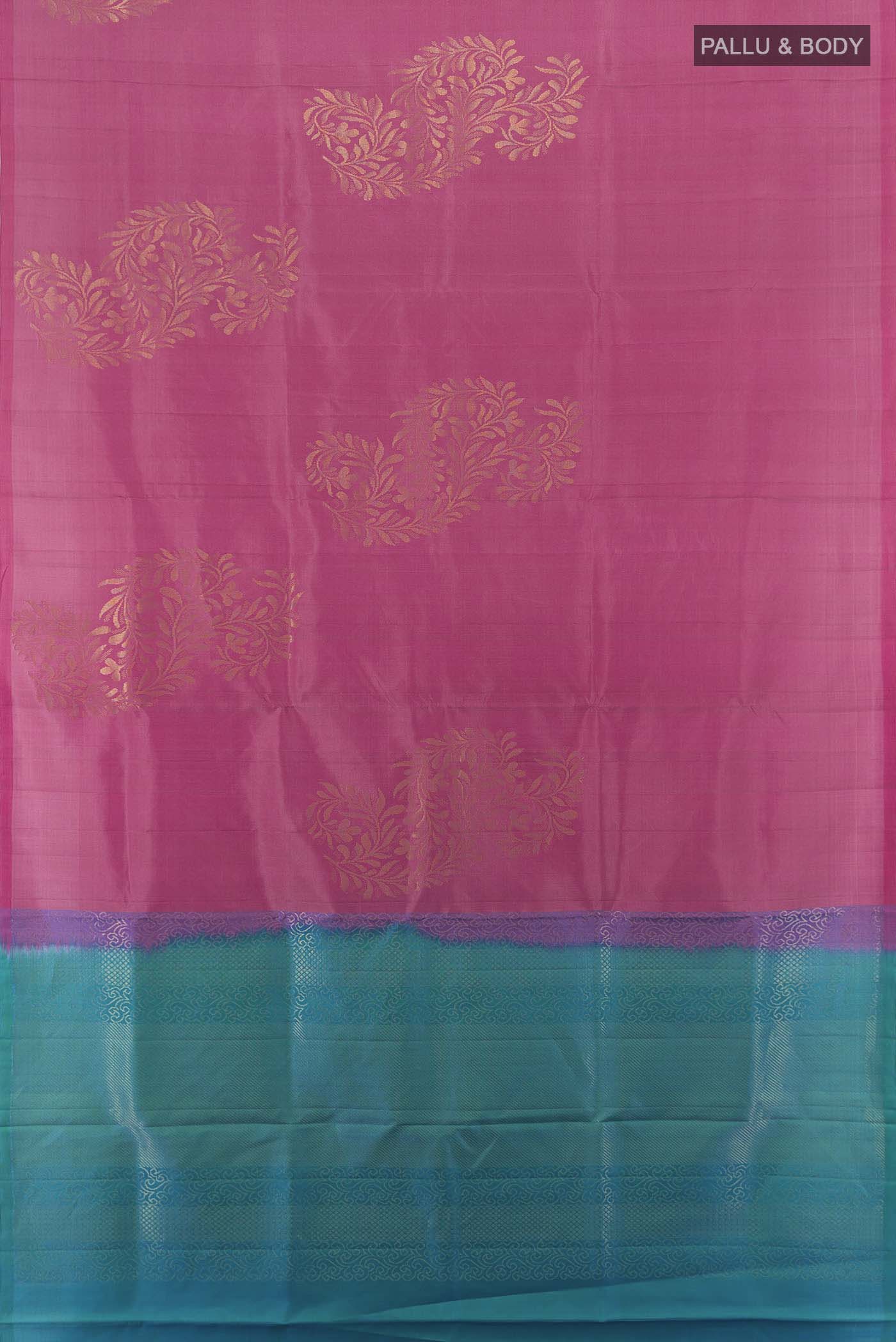 Flat view of Imperial Pink Soft Silk Saree with Zari Butta on the body and Silk Border. 