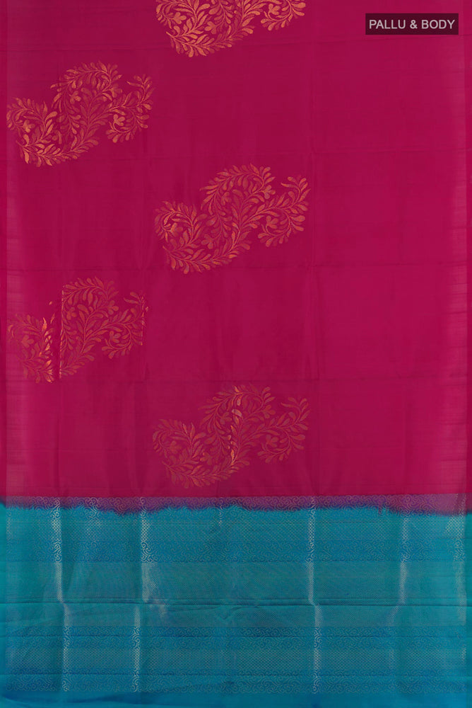 Flat view of Dark Pink Soft Silk Saree with Zari Butta on the body and Silk Border. 