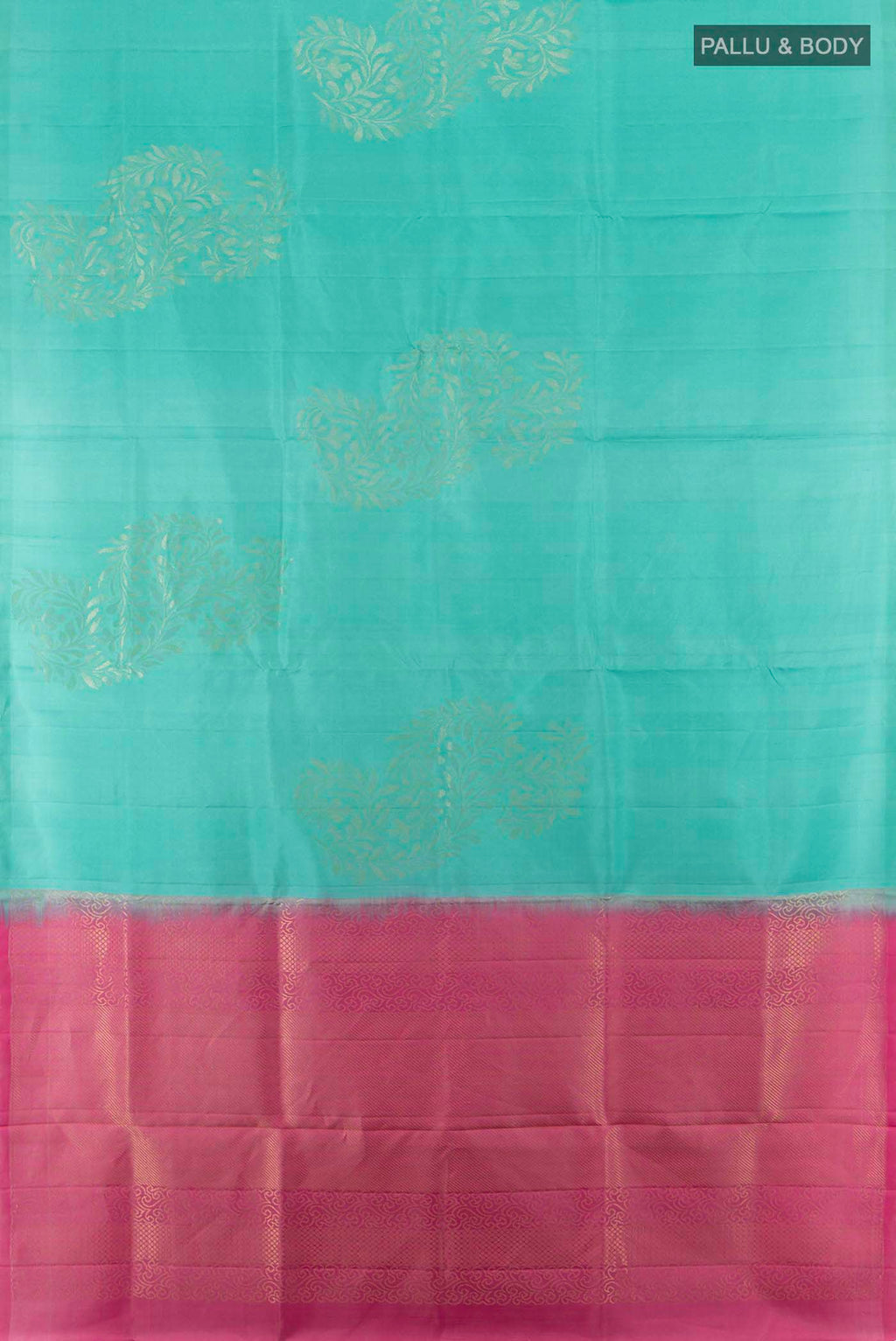 Flat view of Sea Green Soft Silk Saree with Zari Butta on the body and Zari Border. 