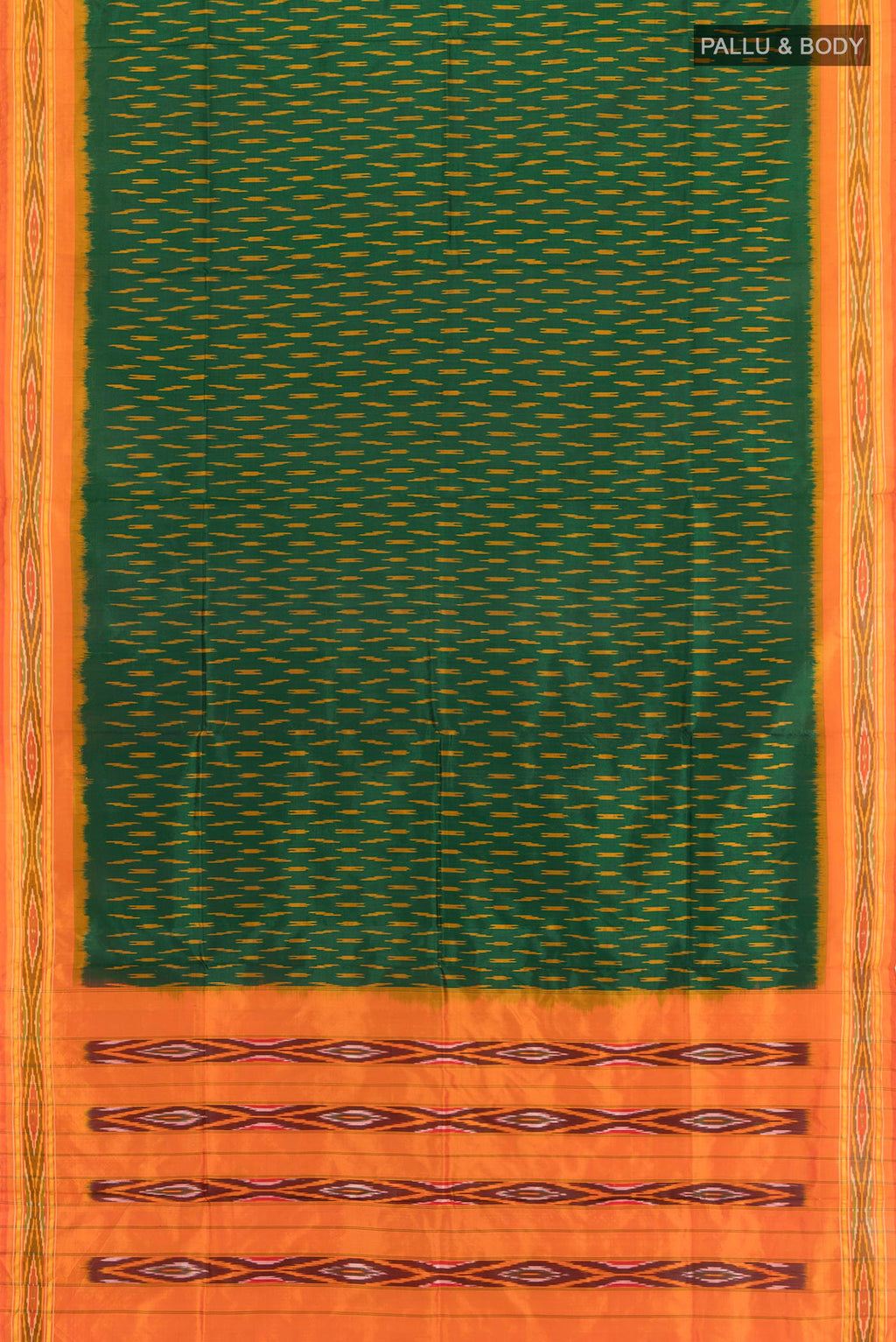 Flat view of Bottle Green Pochampally Silk Saree with Ikat design on the body and Ikat Border. 