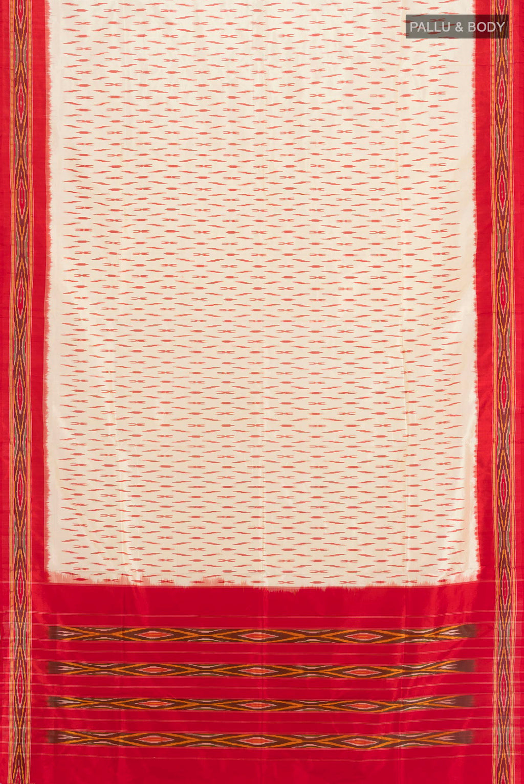 Flat view of Cream Pochampally Silk Saree with Ikat design on the body and Ikat Border. 