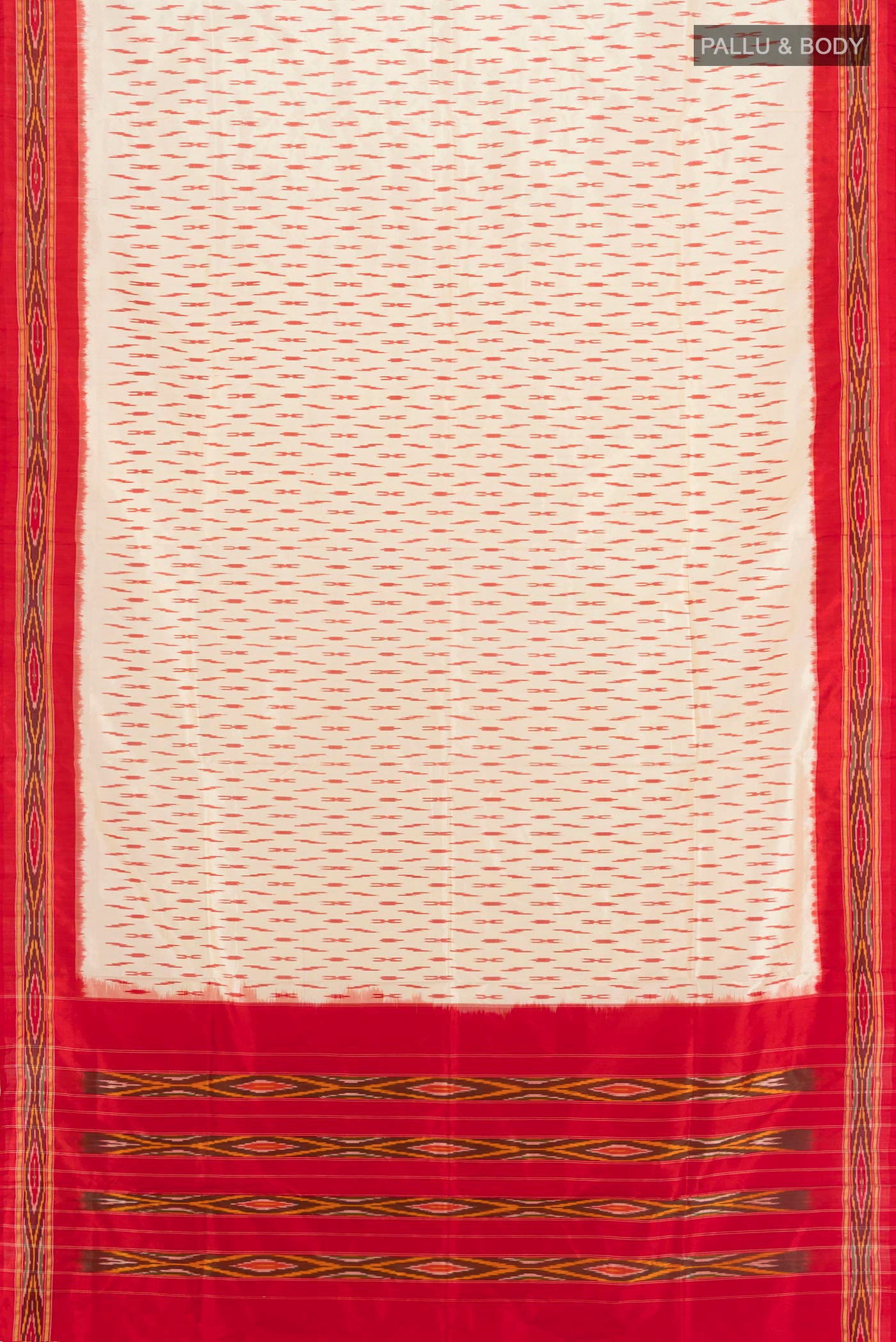 Flat view of Cream Pochampally Silk Saree with Ikat design on the body and Ikat Border. 