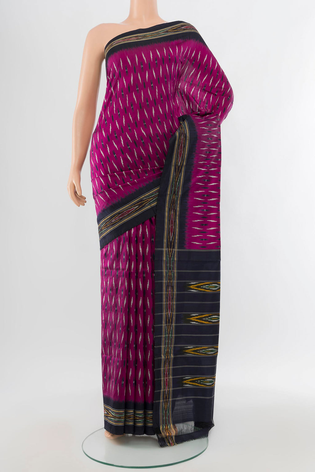 Purple Pochampally Saree with Ikat Print on the body and Silk Border.  displayed on a mannequin