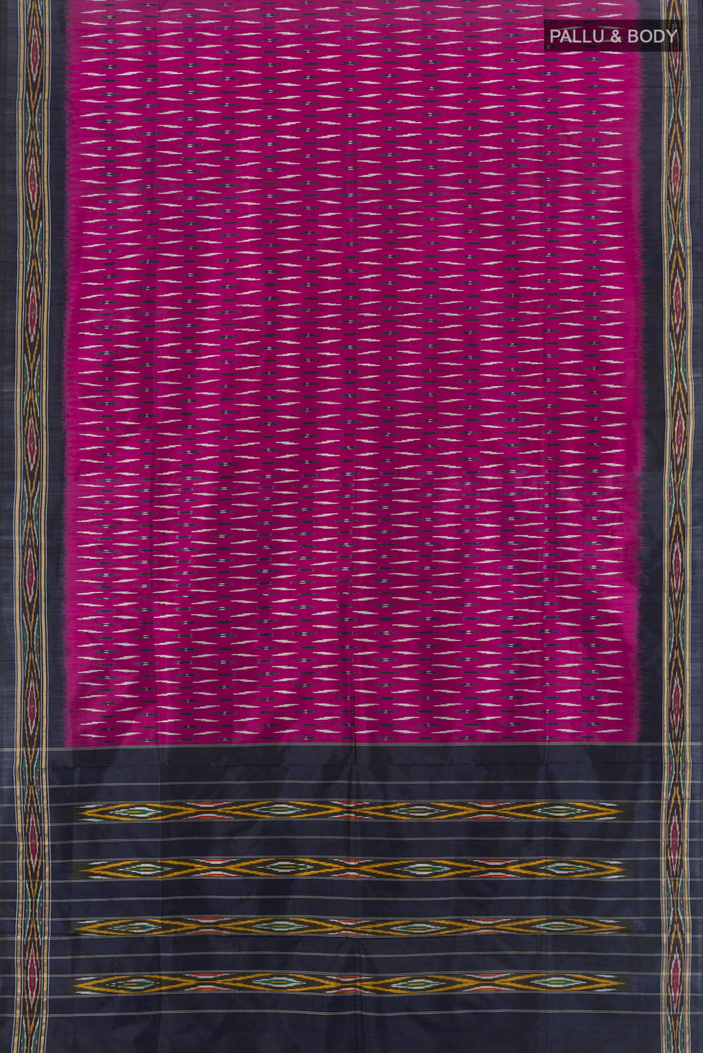 Flat view of Purple Pochampally Saree with Ikat Print on the body and Silk Border. 