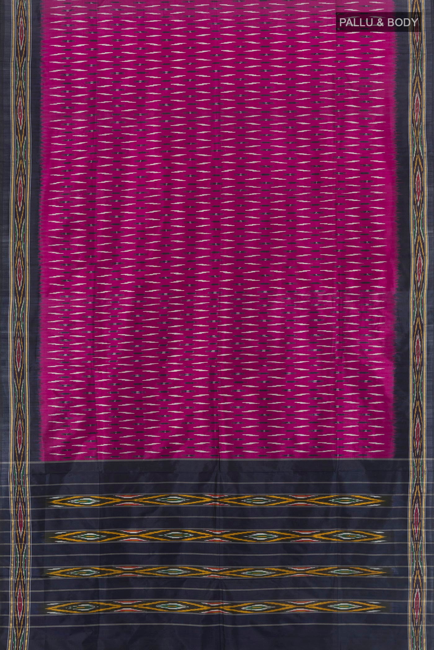 Flat view of Purple Pochampally Saree with Ikat Print on the body and Silk Border. 