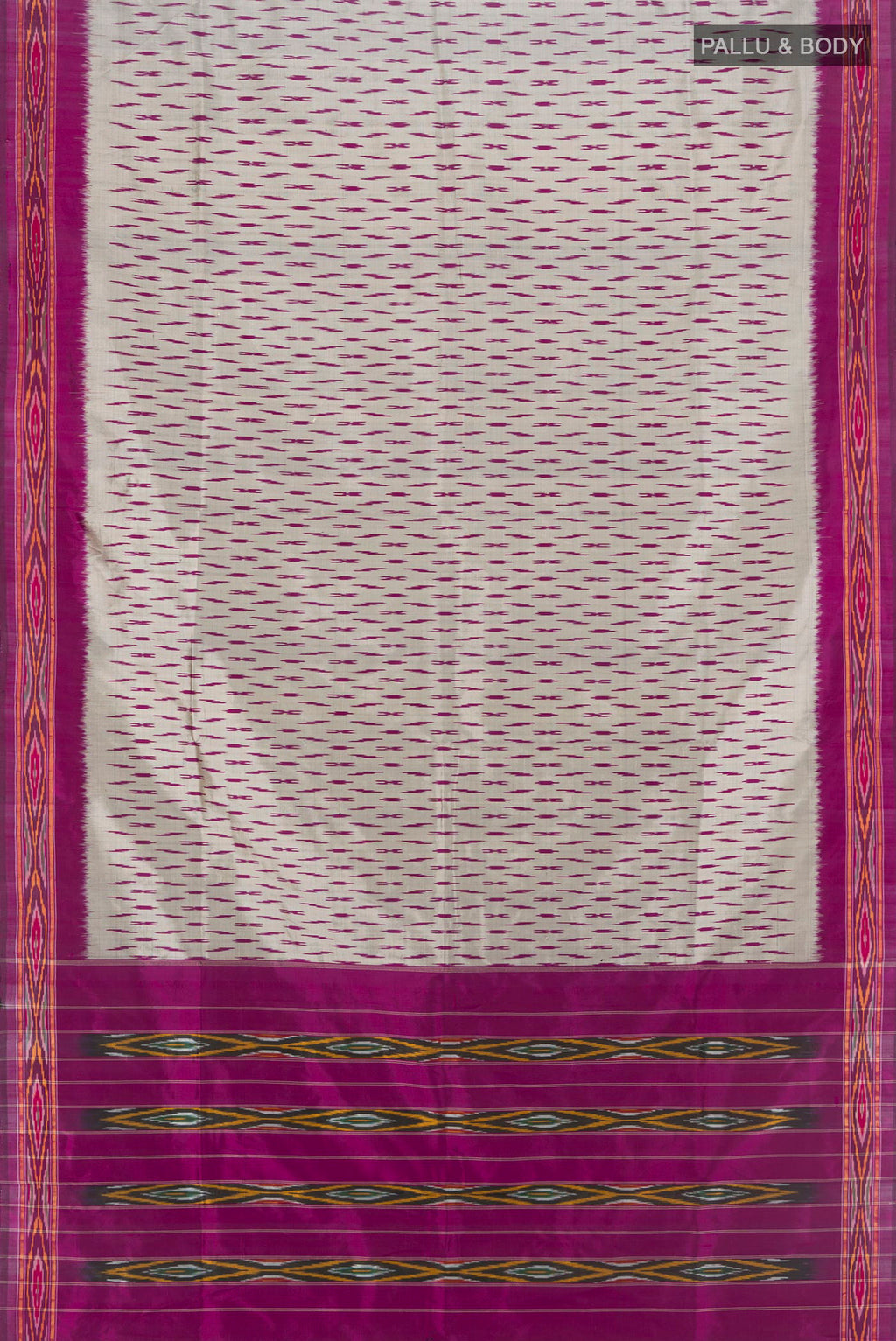 Flat view of Grey Pochampally Silk Saree with Ikat design on the body and Ikat Border. 