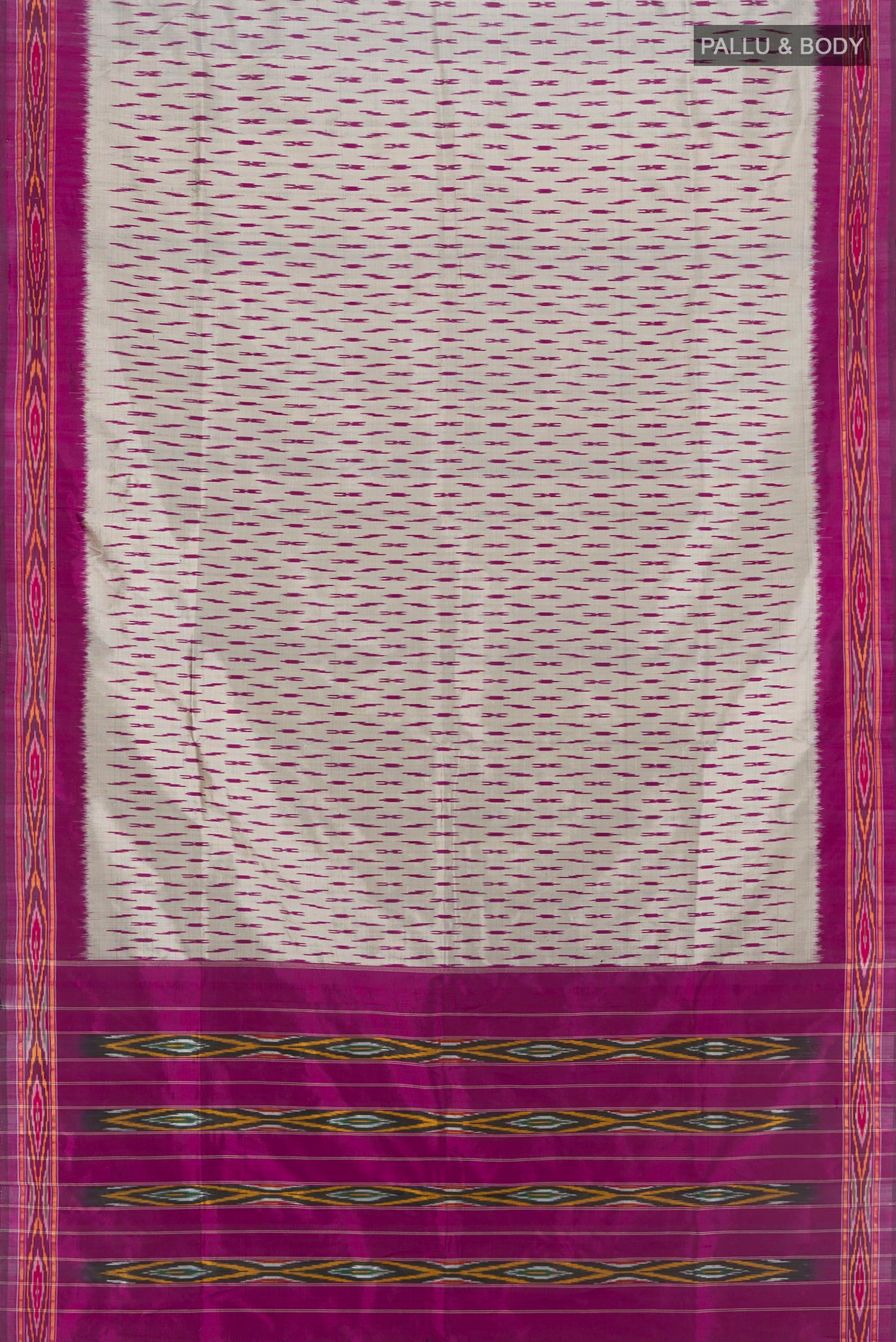 Flat view of Grey Pochampally Silk Saree with Ikat design on the body and Ikat Border. 