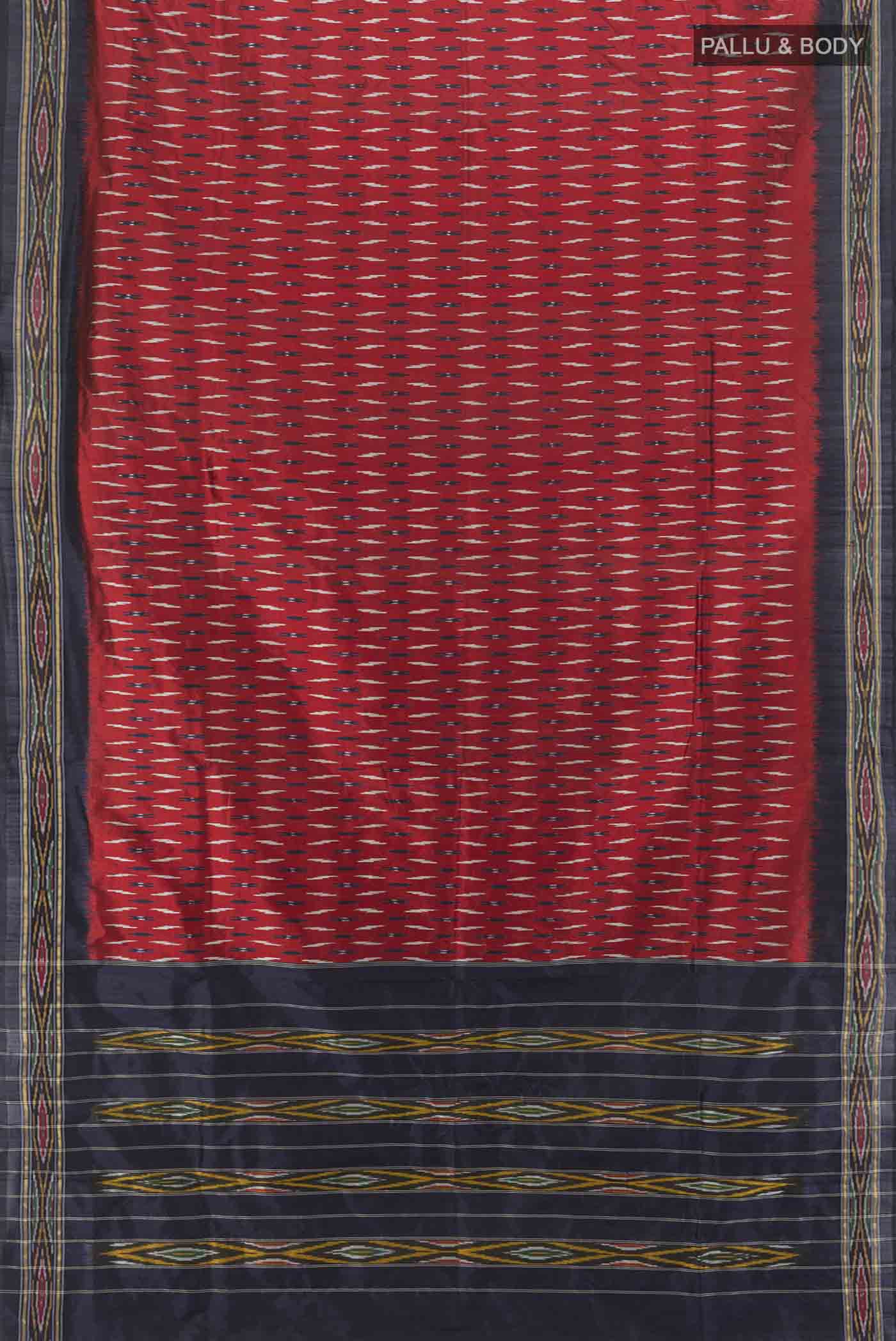 Flat view of Maroon Pochampally Saree with Ikat Print on the body and Silk Border. 