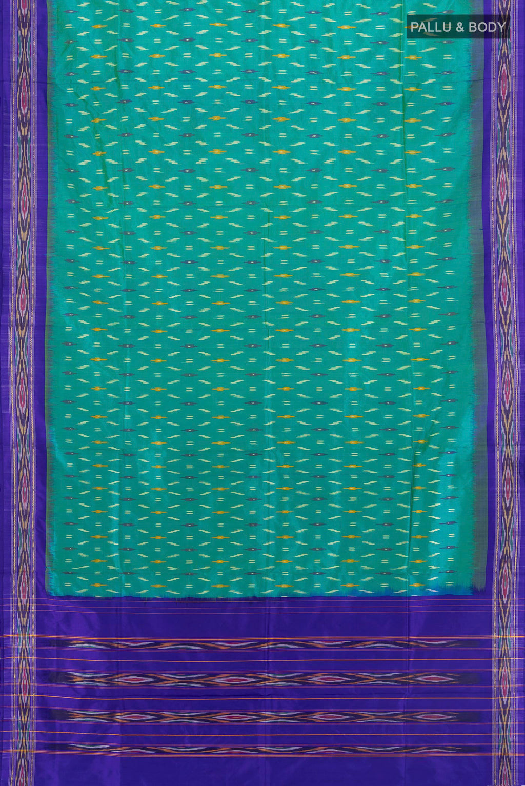 Flat view of Sea Green Pochampally Silk Saree with Ikat design on the body and Ikat Border. 