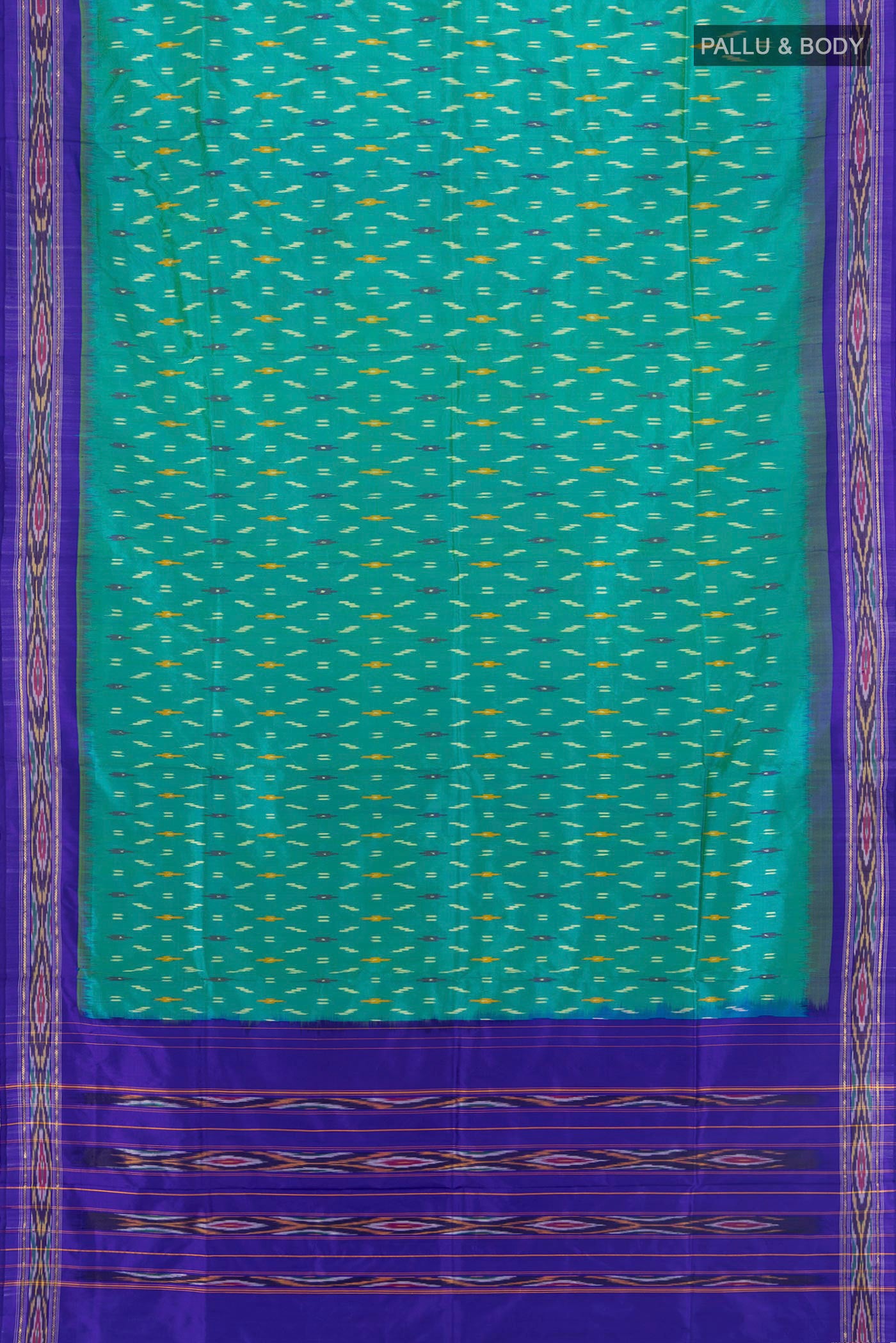 Flat view of Sea Green Pochampally Silk Saree with Ikat design on the body and Ikat Border. 