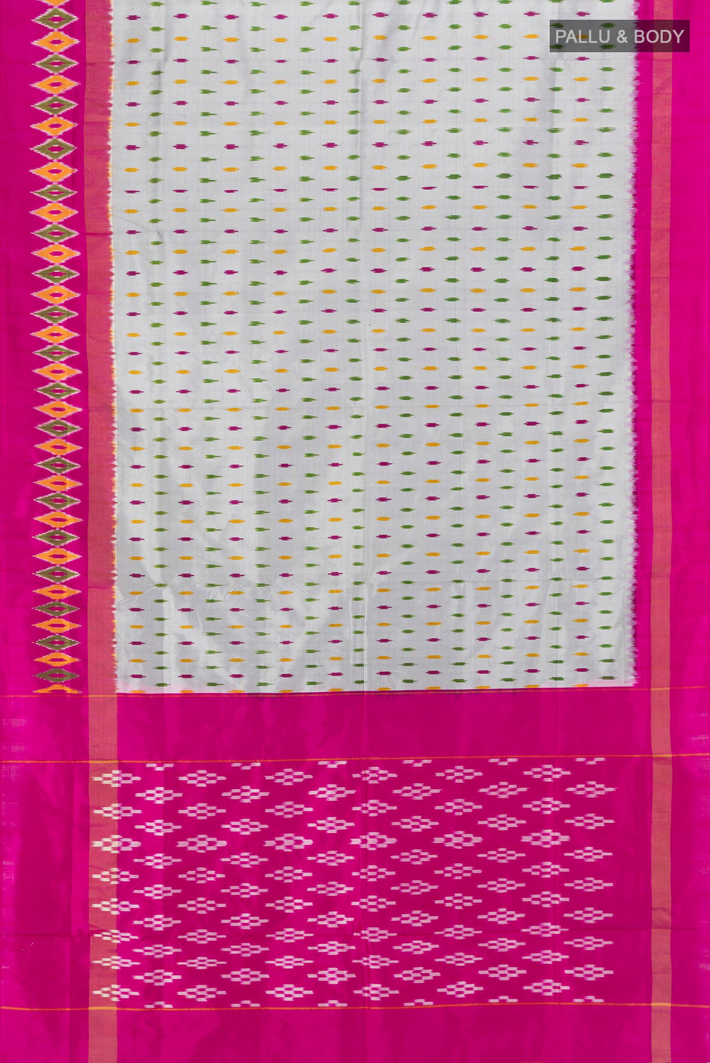 Flat view of Grey Pochampally Silk Saree with Ikat Print on the body and Ikat Border. 