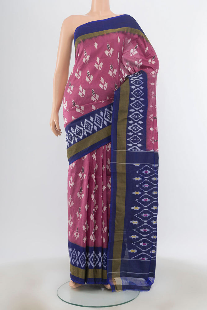 Bronze Pochampally Saree with Ikat Print on the body and Silk Border.  displayed on a mannequin