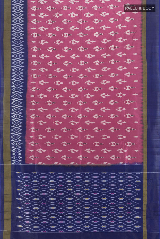 Flat view of Bronze Pochampally Saree with Ikat Print on the body and Silk Border. 