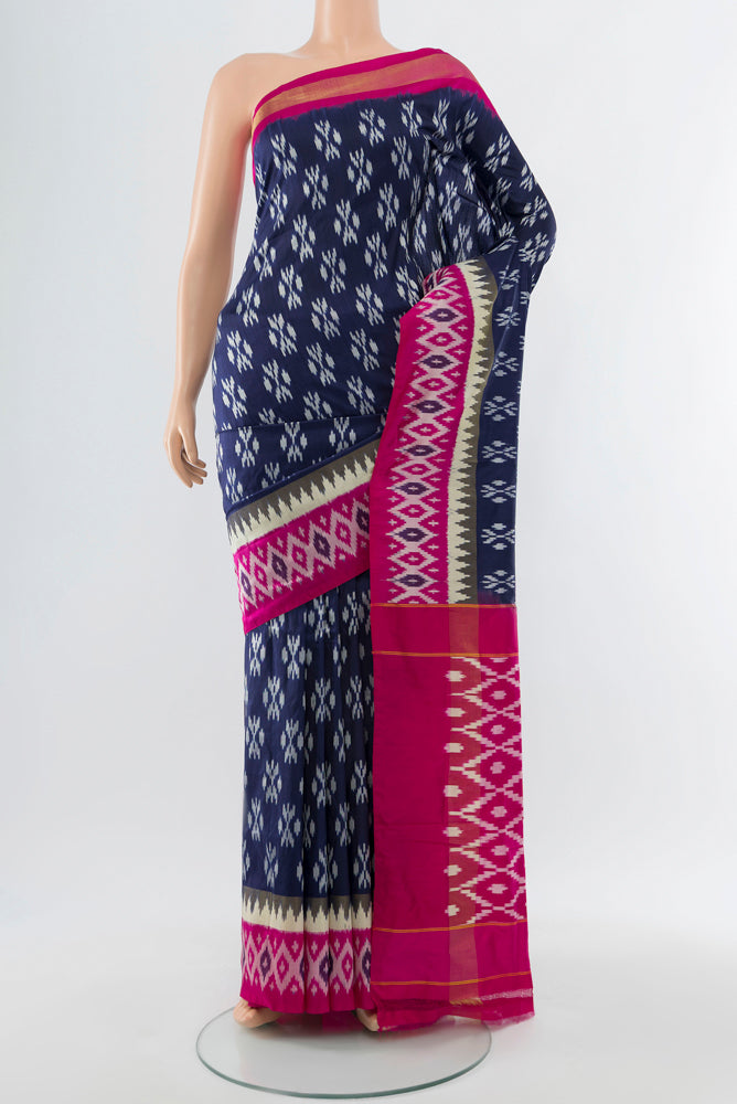 Navy Blue Pochampally Saree with Ikat Print on the body and Silk Border.  displayed on a mannequin