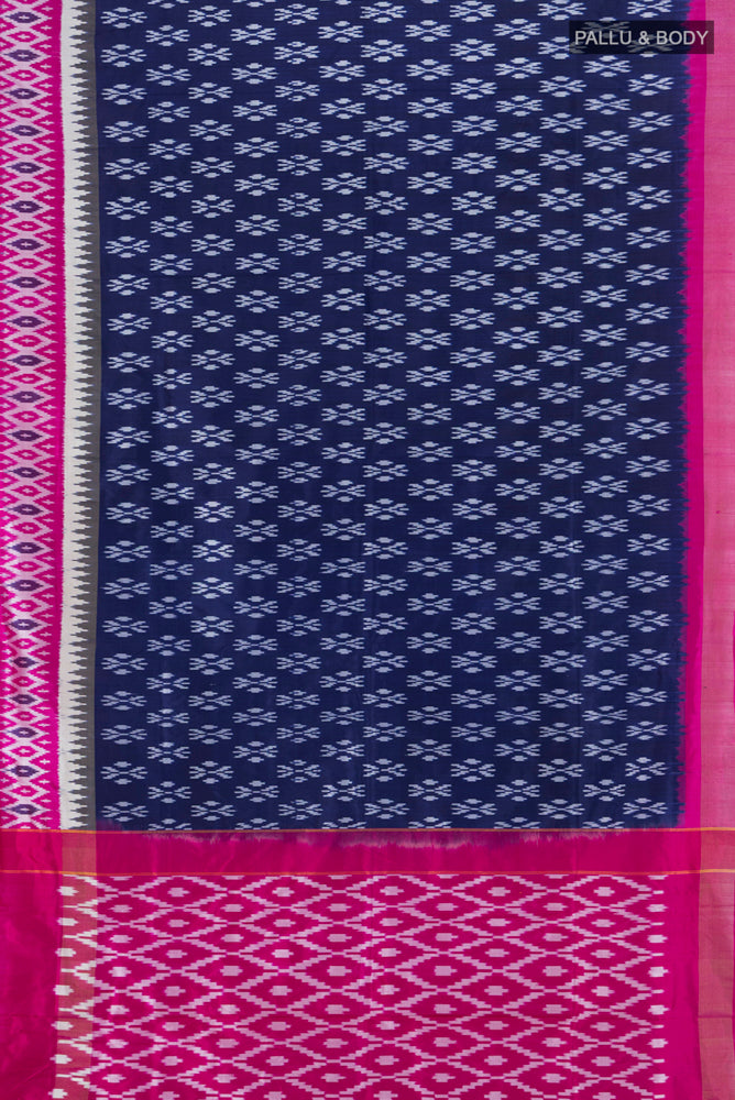 Flat view of Navy Blue Pochampally Saree with Ikat Print on the body and Silk Border. 
