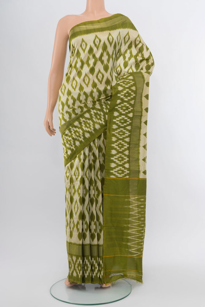 Multi Color Pochampally Saree with Zari Butta on the body and Silk Border.  displayed on a mannequin