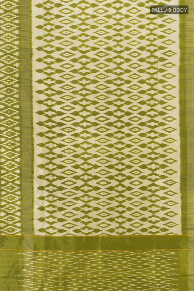 Flat view of Multi Color Pochampally Saree with Zari Butta on the body and Silk Border. 