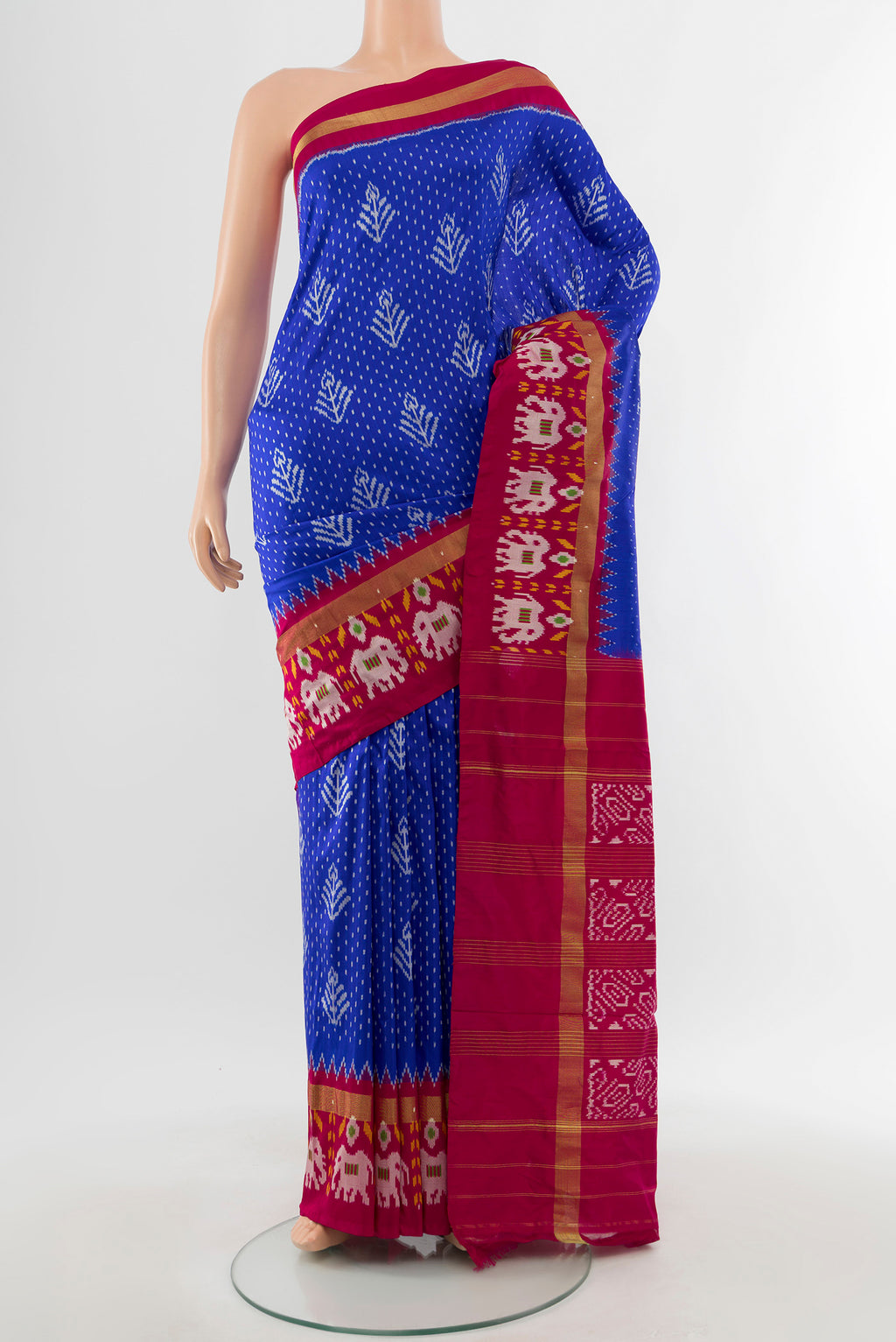Dark Blue Pochampally Saree with Ikat Print on the body and Silk Border.  displayed on a mannequin