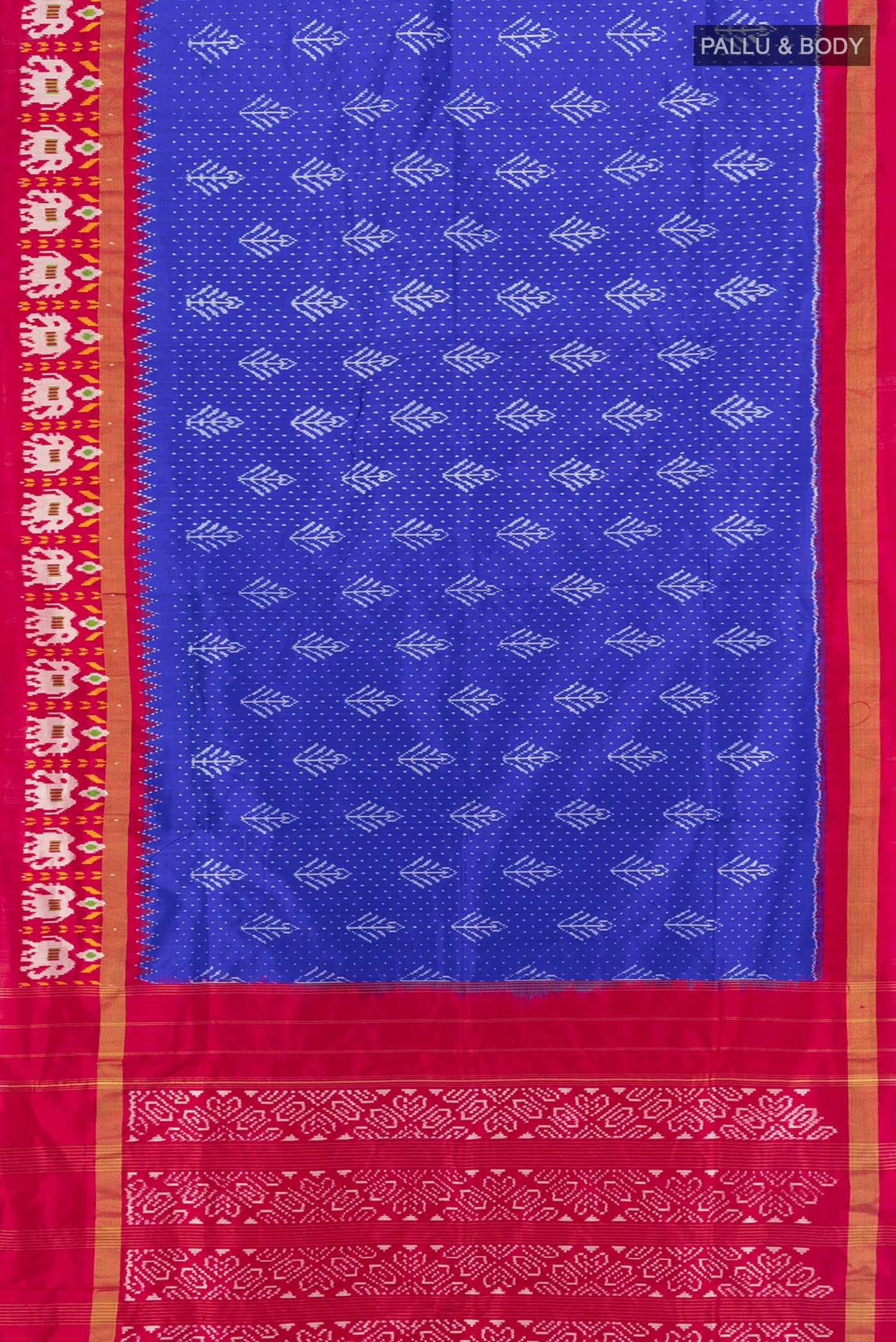 Flat view of Dark Blue Pochampally Saree with Ikat Print on the body and Silk Border. 