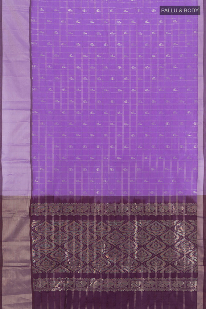 Flat view of Pure Silk Pure Zari Lavender Silk Cotton Saree with Zari Butta on the body and Silk Border. 