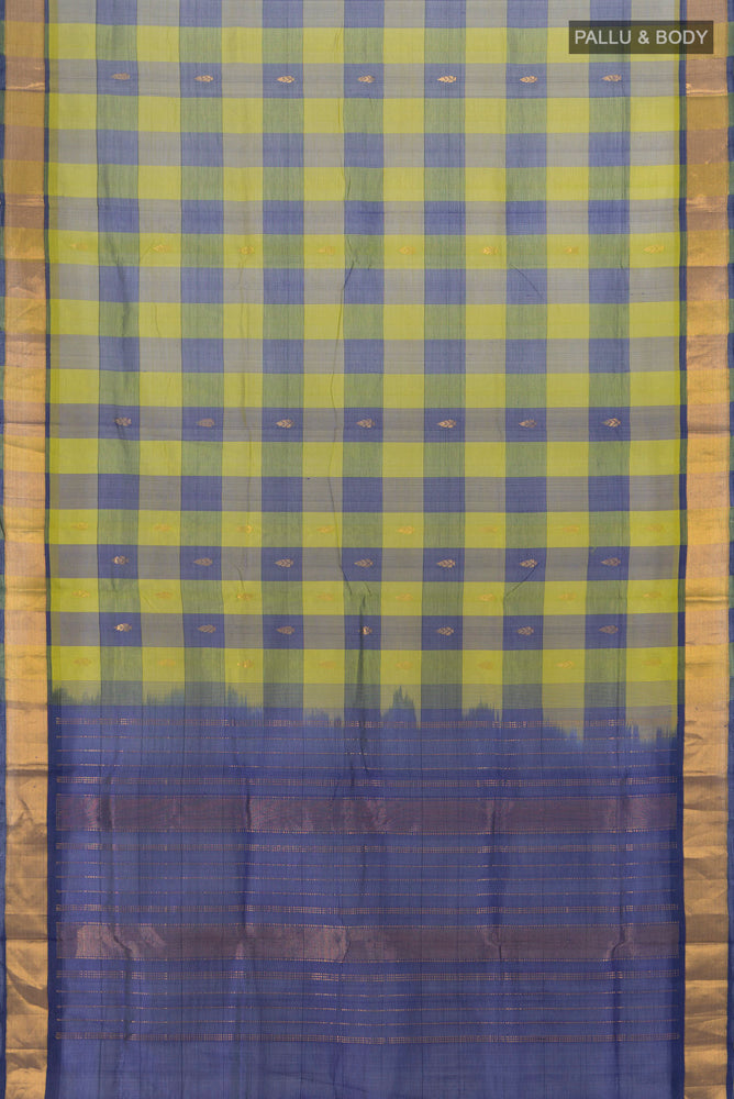 Flat view of Multi Color Kora Cotton Saree with Zari Butta on the body and Silk Border. 