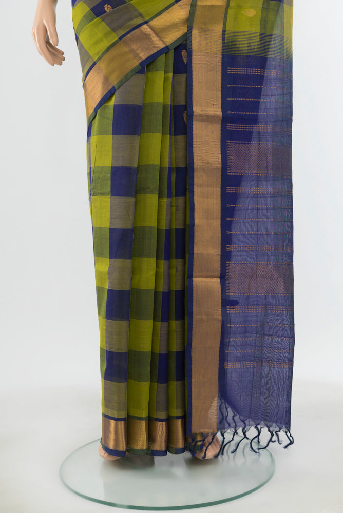 Pleats and pallu of Multi Color Kora Cotton Saree with Zari Butta on the body and Silk Border. 