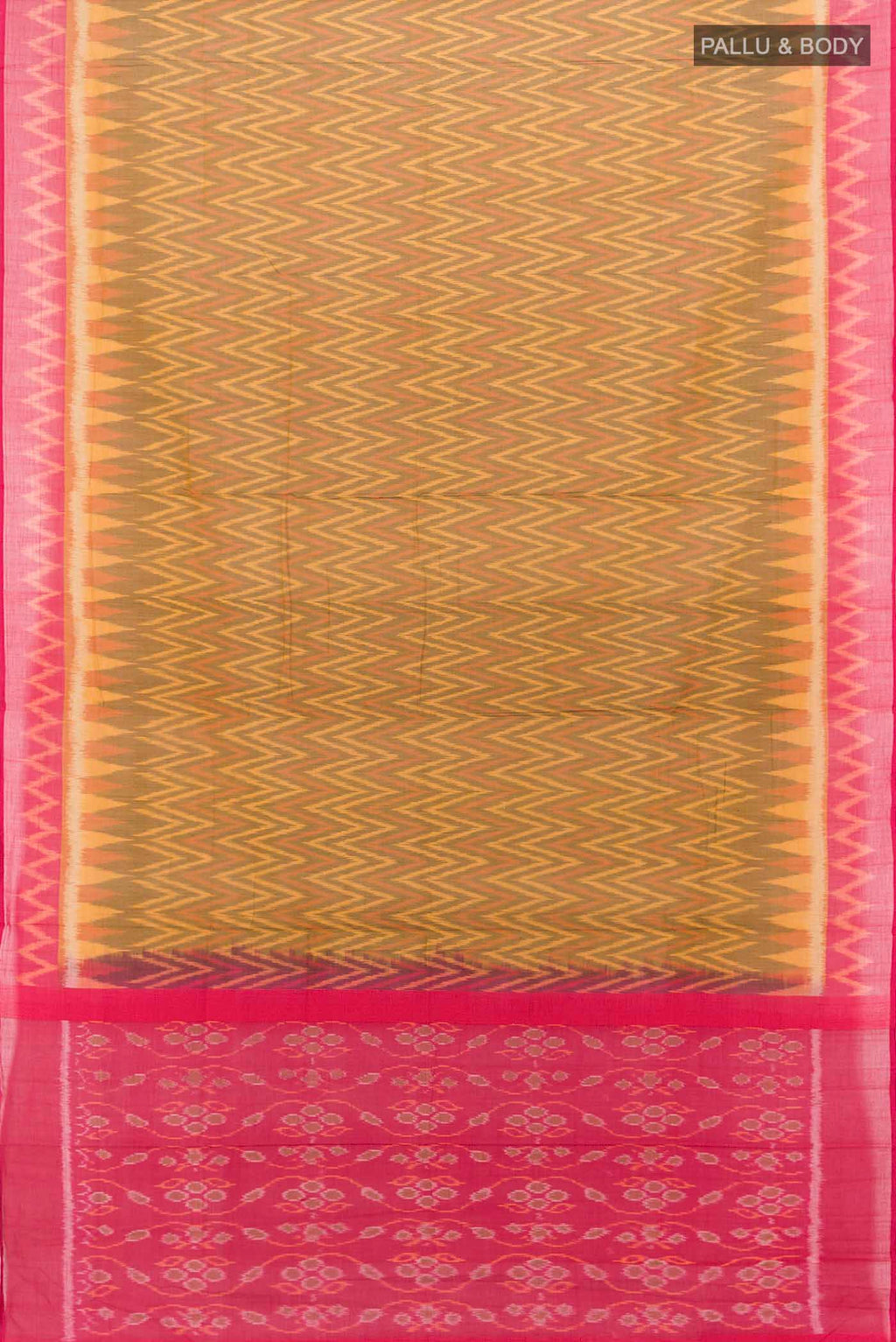 Flat view of Multi Color Pochampally Cotton Saree with Ikat Print on the body and Ikat Border. 