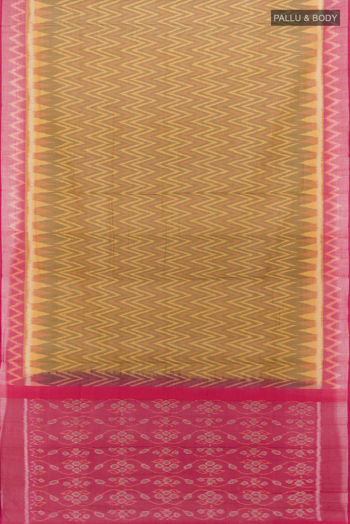 Flat view of Multi Color Pochampally Cotton Saree with Ikat Print on the body and Ikat Border. 