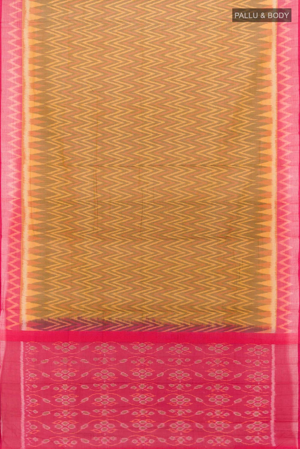 Flat view of Multi Color Pochampally Cotton Saree with Ikat Print on the body and Ikat Border. 