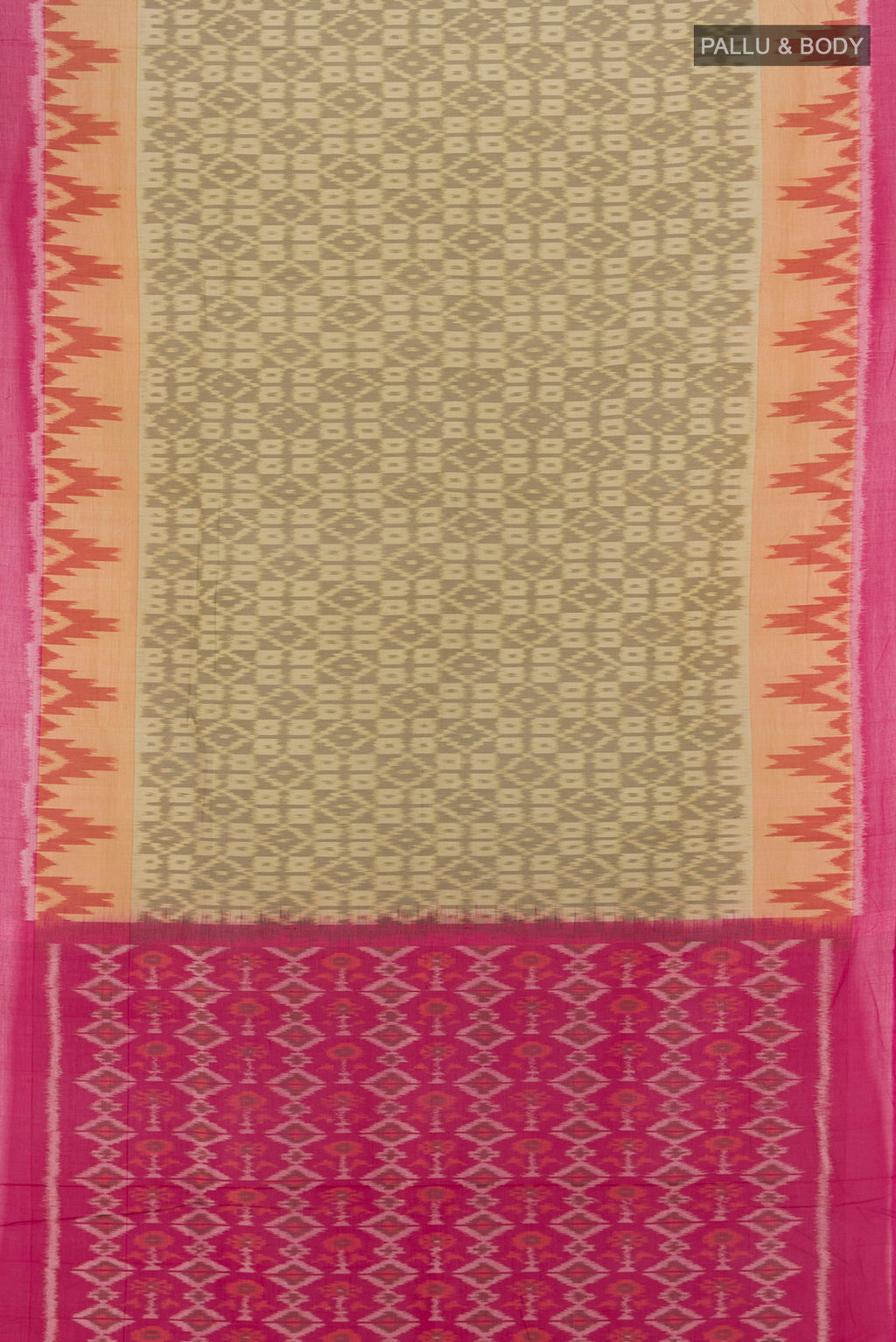 Flat view of Beige Silk Cotton Saree with Ikat Print on the body and Plain Border. 