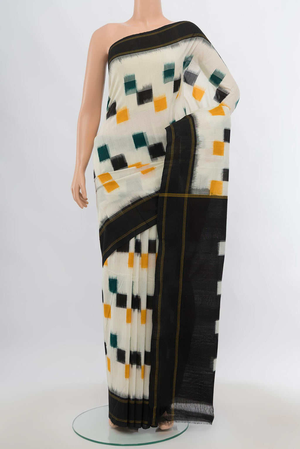 Multi Color Pochampally Cotton Saree with Checked design on the body and Checks Border.  displayed on a mannequin