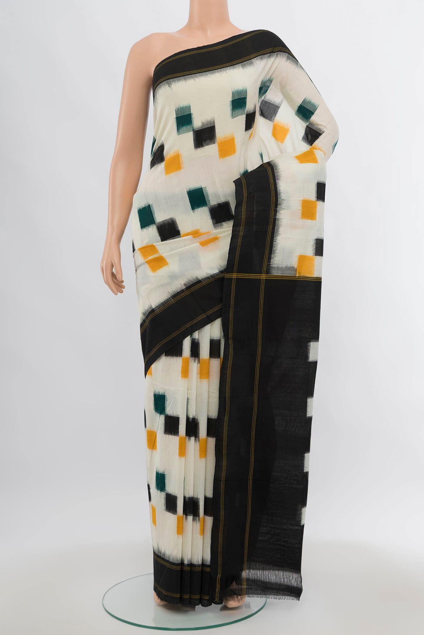 Multi Color Pochampally Cotton Saree with Checked design on the body and Checks Border.  displayed on a mannequin