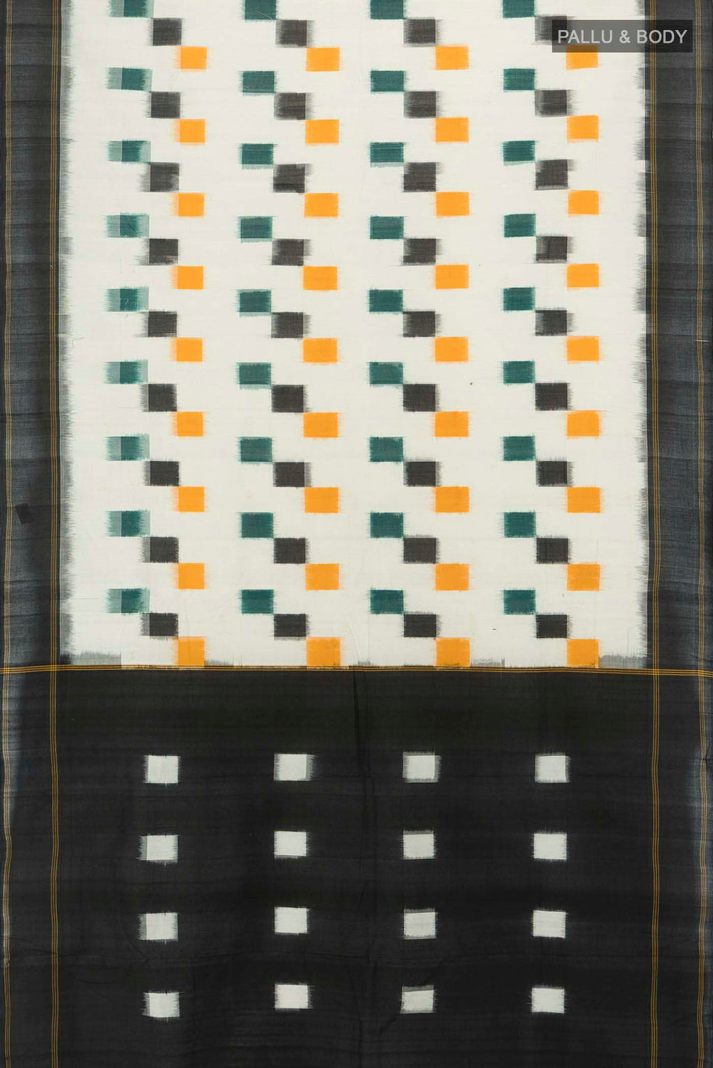Flat view of Multi Color Pochampally Cotton Saree with Checked design on the body and Checks Border. 