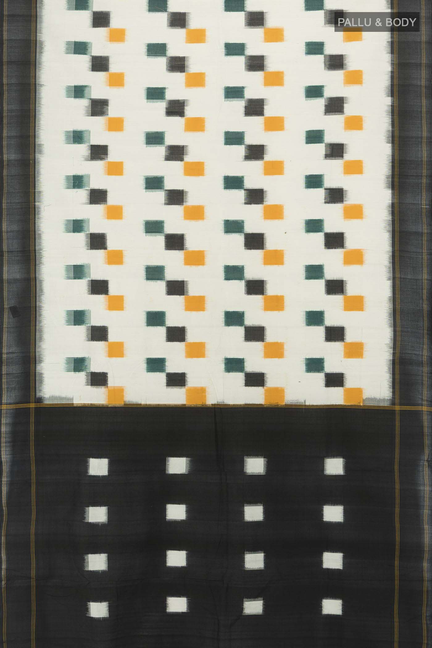 Flat view of Multi Color Pochampally Cotton Saree with Checked design on the body and Checks Border. 