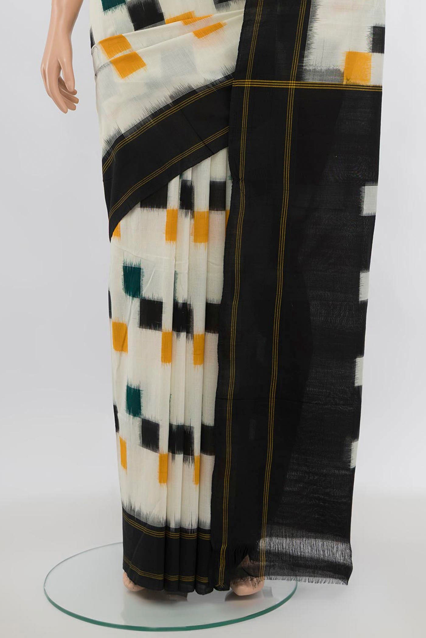 Pleats and pallu of Multi Color Pochampally Cotton Saree with Checked design on the body and Checks Border. 