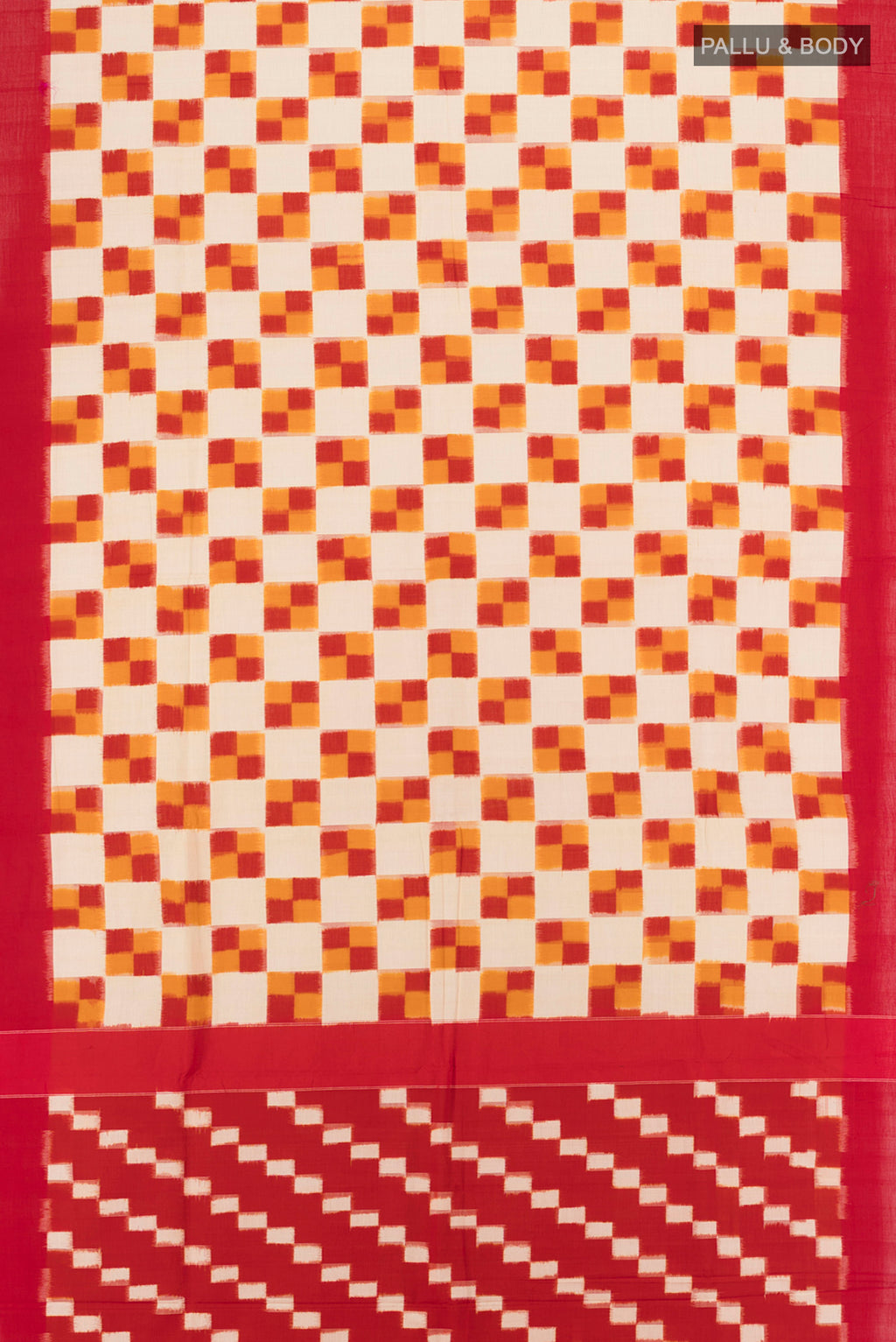 Flat view of Multi Color Pochampally Cotton Saree with Ikat Print on the body and Plain Border. 