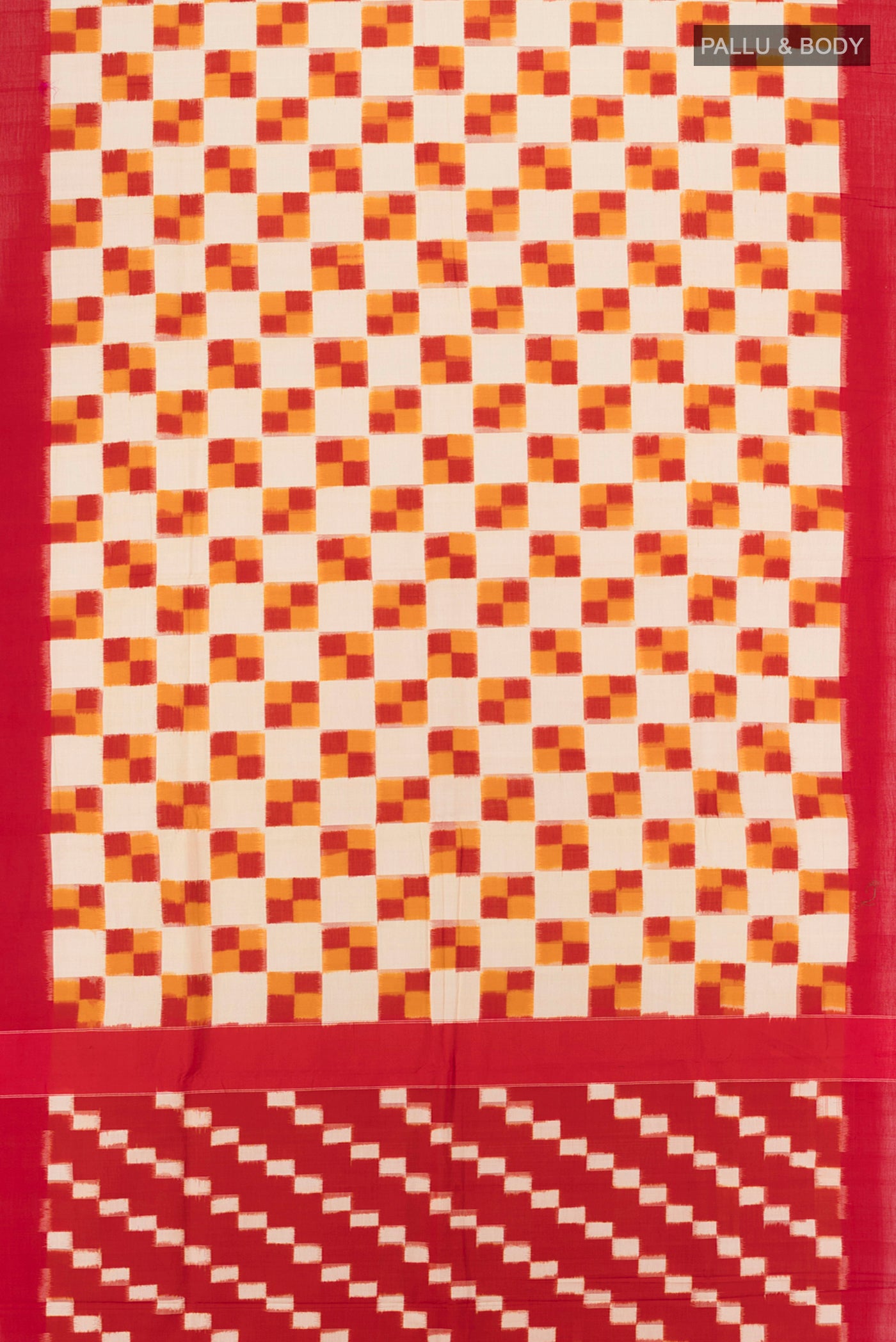 Flat view of Multi Color Pochampally Cotton Saree with Ikat Print on the body and Plain Border. 